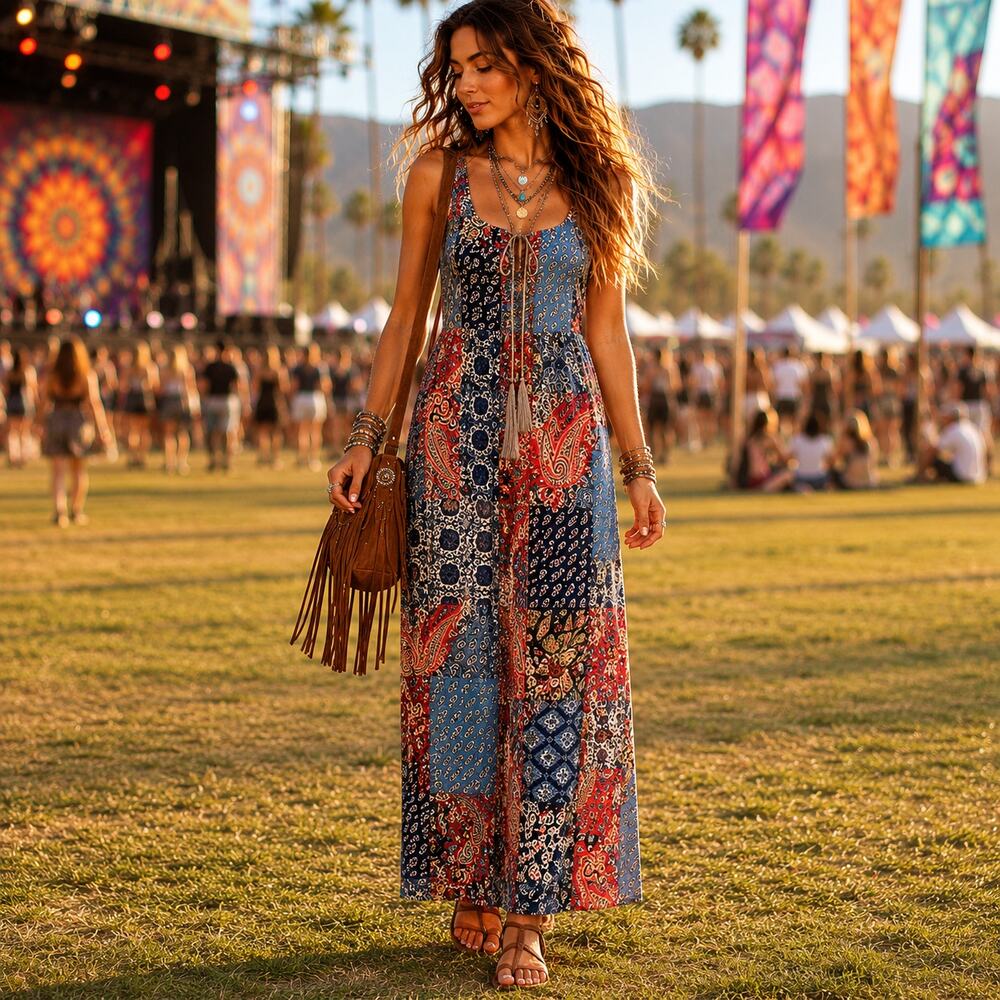 Glamour Boho Patchwork Maxi  Dress Sz 4P Paisley Festival Pleat Euro Summer
